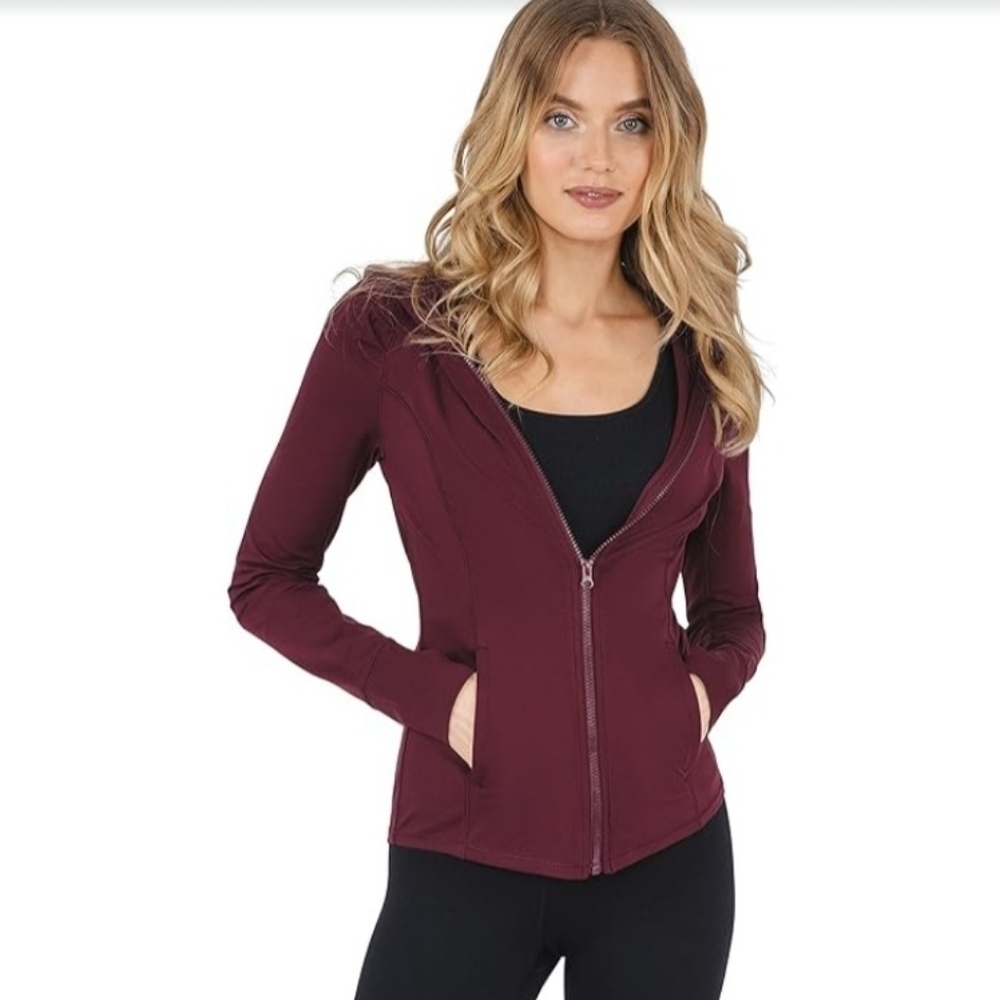 Yogalicious Lux Long Sleeve Full Zip Maroon Hooded Pockets Sweatshirt - Size M
